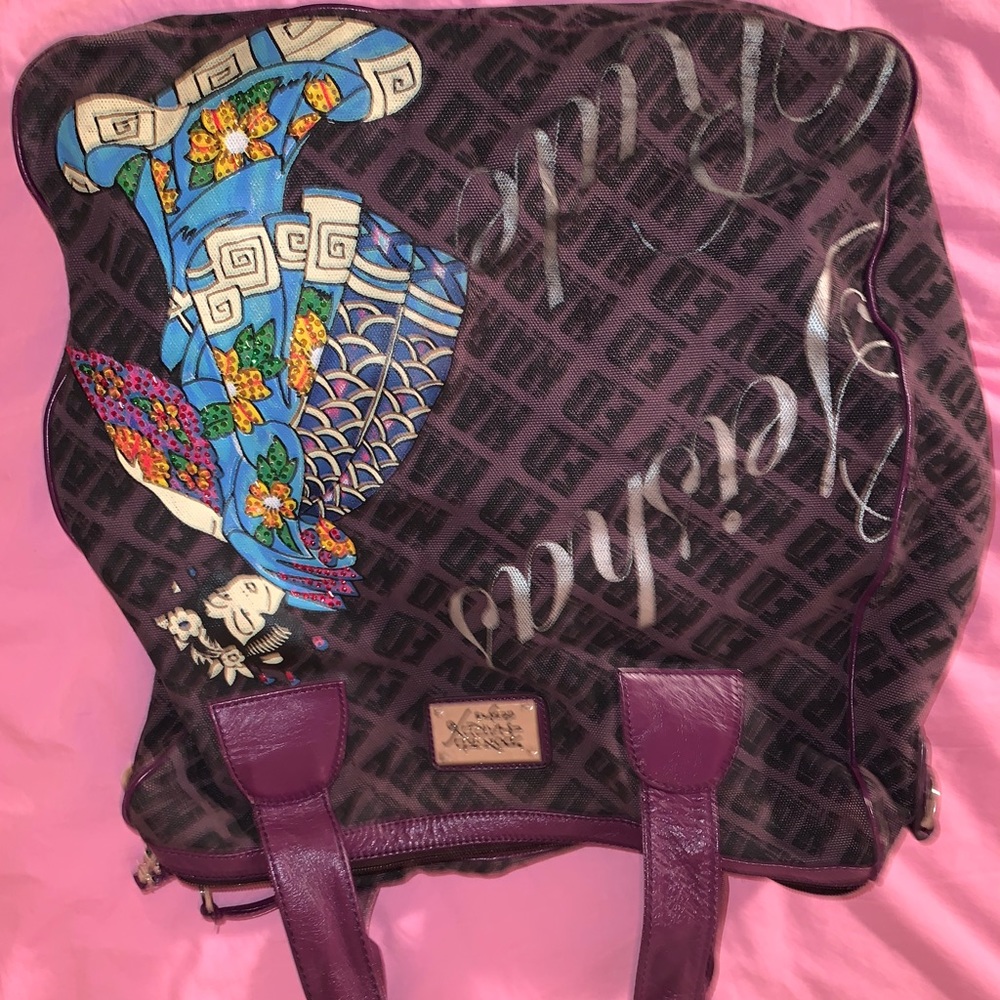 ed hardy tote traveler bag purple